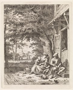 Familie med hund, der sidder foran et hus Landskaber med figurer (serietitel)