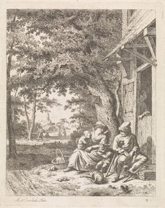 Familie med hund, der sidder foran et hus Landskaber med figurer (serietitel)