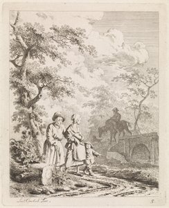 Gammel mand, kvinde og barn på en skovsti Landskaber med figurer (serietitel)
