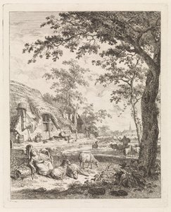Hyrdinde med får foran en gård Landskaber med figurer (serietitel) af Leendert Overbeek