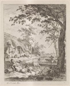 Hyrdinde med får foran en gård Landskaber med figurer (serietitel)