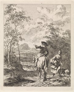 Rytter spørger om vej til en pige med en hund Landskaber med figurer (serietitel) af Leendert Overbeek