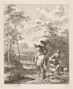 Rytter spørger om vej til en pige med en hund Landskaber med figurer (serietitel) af Leendert Overbeek
