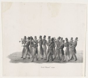 Musikere i optoget af Leiden-studenter, 1835 Hej Muse! (titel på objekt) De enkelte forestillinger, som de opstigninger afholdes af H.H. Elever fra Leidsche Hoogeschool den 9. februar: 1835, lukket (serietitel på objekt) af Leendert Springer (I)