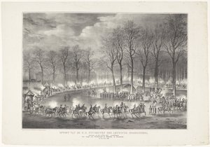 Parade af H.H. Elever af Leydsche Hoogeschool afholdt den 9. februar 1835, skildrende indgangen af ​​Ferdinand og Jsabella i Grenada den 6. jan. 1492 (titel på objekt) af Leendert Springer (I)