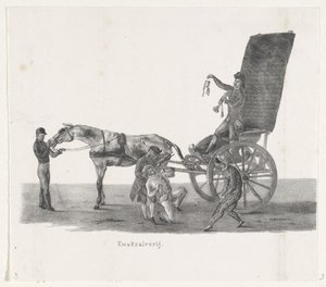 Sjees med en kvaksalver, 1835 Kvaksalveri (titel på objekt) De enkelte forestillinger, som de opstigninger afholdes af H.H. Elever fra Leidsche Hoogeschool den 9. februar: 1835, lukket (serietitel på objekt) af Leendert Springer (I)