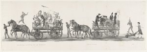 Fem fakulteter og en offentlig forfremmelse, 1835 Symbolsk repræsentation af de fem fakulteter / Offentlig fremme (titel på objekt) De enkelte forestillinger, som de opstigninger afholdes af H.H. Elever fra Leidsche Hoogeschool den 9. februar: 1 af Leendert Springer (I)