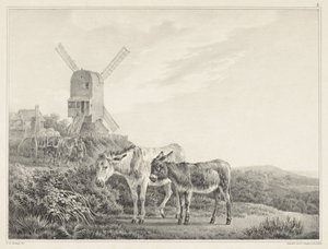 To æsler i et landskab nær en mølle Seks stentegninger af L. de Koningh (serietitel) af Leendert de Koningh