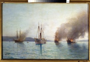 Russisk torpedobåd storhertug Konstantin ødelægger de tyrkiske skibe ved Bosporus i 1877 (Russisk torpedobåd Tender storhertug Konstantin ødelægger de tyrkiske skibe ved Bosporus 1877). Søslag i krigen mellem russerne