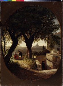 I nærheden af ​​Rom (Italien) (Nær Rom). En kvinde, der sidder under træer med en baby i armene, lytter til en mand i hat og kappe. En anden mand nærmer sig dem fra trappen. Maleri af Lev Felixovich Lagorio (1827-1905),