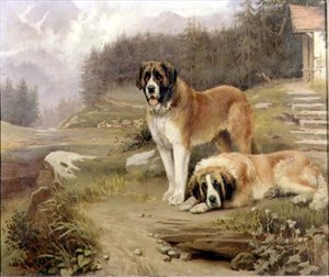 To St. Bernards i et alpelandskab