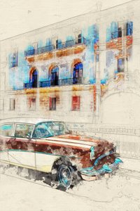 Skitse af en klassisk bil i Havana af Lembayung senja studio [Vintage Poster]