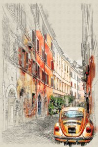 Tegning af Vintage Car City af Lembayung senja studio [Vintage Poster]