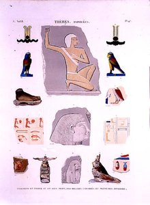 Illustrationer af malede relieffer på sten og træfragmenter Hypogees, Theben-plade 47 fra bind II af `Descriptions of Egypt`, indgraveret af LeRoy af Lenoir (after)