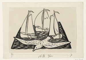 Tre sejlskibe og en måge af Leo Gestel (signed by artist)