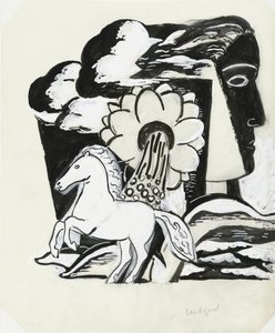 Opdræt af hest, blomst og hoved (skitse) af Leo Gestel (signed by artist)