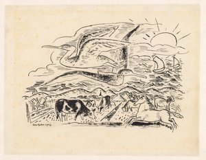 To fugle flyver over et landskab med kvæg af Leo Gestel (signed by artist)