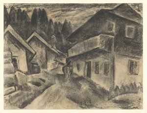 Landsbyudsigt med mand med ko på landsbyvej af Leo Gestel
