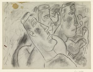 Tre bønder på en eng med heste af Leo Gestel