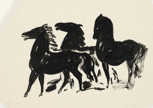 Tre sorte heste står og kigger til venstre af Leo Gestel