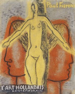 »Nøgen kvinde mellem to mænd, der vender hovedet væk fra hinanden« (1933) af Leo Gestel. af Leo Gestel