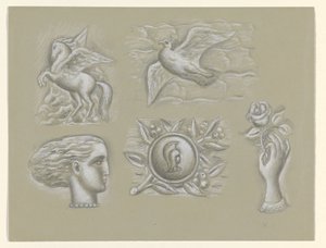 Pegasus, due, kvindehoved, våben og hånd med rose af Leo Gestel
