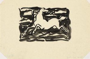 Hest hopper med hovedet vendt tilbage i en ramme med bølger i baggrunden. Unavngivet hest af Leo Gestel