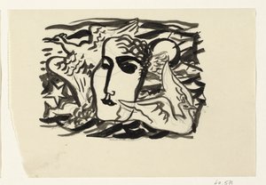 Kvindehoved og måger med havet i baggrunden af Leo Gestel