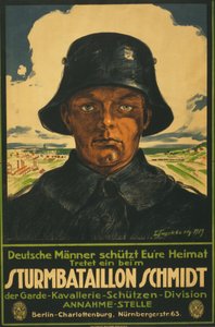 Overfaldsbataljon Schmidt; Tyske mænd ryster dit hjemland! 1919 (farvelitografi) af Leo Impekoven