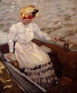 En elegant dame i en robåd (olie på lærred) af Leo Putz