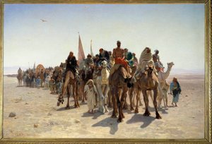 Pelerins tager til Mekka Carvane fra rejsende på kameler i ørkenen. Maleri af Leon Auguste Adolphe Belly (1827-1877) 1861 søn. 1,6x2,4 m Paris, musee d