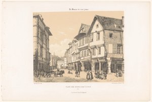 Udsigt over Place des Cordeliers i Dinan Place des Cordeliers à Dinan (titel på objekt) Contemporary France (serietitel) La France de nos jours (serietitel på objekt)