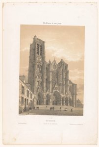 Udsigt over facaden af ​​katedralen i Bourges Bourges. Facade de la cathédrale (titel på objekt) Contemporary France (serietitel) La France de nos jours (serietitel på objekt) af Leon Auguste Asselineau