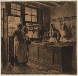 Interiør af en slagterforretning, ca. 1881 (kul og sort kridt forstærket med hvidt kridt) af Leon Augustin Lhermitte