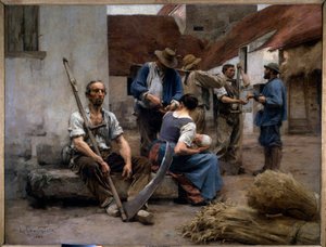 Lønningslisten for bondehøstere i en gård, en af dem har en falsk. Maleri af Leon Augustin Lhermitte (1844-1925) 1882 søn. 2,15x2,72 m Paris, musee d