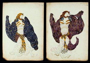 Et par kostumedesigns til kvindelige dansere fra "Juive" af Leon Bakst