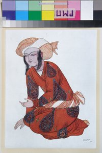 Kostume til balletten Sheherazade af Nikolai Rimsky Korsakov (Rimsky-Korsakov) (1844-1908) - Værk af Leon Bakst (1866-1924), litografi 1922 - (Kostumedesign til balletten Sheherazade af Nikolai Rimsky Korsakov, af Leon Bakst , Farve lith af Leon Bakst