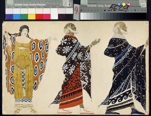 Menneskets kostumer til dramaet ""Oedipus at Colone"" af Sophocles (497 eller 496-407 eller 406 f.Kr.) (Kostumedesign til dramaet Oedipus at Colonus af Sophocles). Tegning af Leon Blakst (1866-1924). Akvarel på papir, 28,2 x 44,6 cm af Leon Bakst