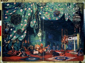 Scene til balletten ""Sheherazade"" af Nicolas (Nikolai) Rimski Korsakov (Rimski-Korsakov) (1844-1908) fra After the Tales of the Thousand and One Nights. (Scenedesign til balletten Sheherazade af N.Rimsky Korsakov (Rimsky-Korsakov). Tegning af Leon Bakst  af Leon Bakst