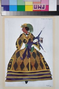 Englænderen, kostume til balletten la boutique fantasque af Gioachino Rossini - Værk af Leon Bakst (1866-1924), litografi 1919 - (kostumedesign til balletten ""The Magic Toy Shop"" af Gioachino Rossini, af Leon Bakst, farve litografi af Leon Bakst