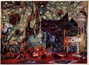 Scenografi af Leon Bakst (1866-1924), russisk maler og dekoratør til operaen "" Scheherazade"" (Sheherazade) af Nicholas (Nikolai) Rimsky Korsakov (Rimsky-Korsakov) (1844-1908). af Leon Bakst