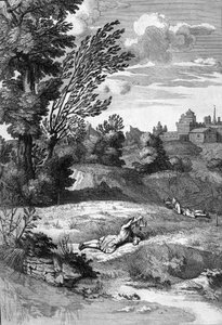 To mænd, der ligger på gulvet, behandler arkitektur, og udfører beregninger, sandsynligvis for at måle magnetismen og gravimetrien af et plot: tavle tegnet fra "De Architectura Libri decem" af Leon Battista Alberti (1404-1472), arkitekt, matematiker, itali af Leon Battista Alberti