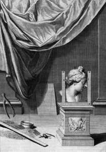 Artikler om arkitektur, en buste af en klassisk statue og arkitektoniske redskaber: tavle fra "De Architectura Libri decem" af Leon Battista Alberti (1404-1472), arkitekt, matematiker og italiensk digter fra renæssancen, London
