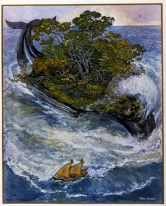 Sømanden Sinbads (Sindbad) eventyr. Fra Tales of 1001 Nights (Tales of Thousand One Nights). Illustration af Léon Carre (1878-1942)