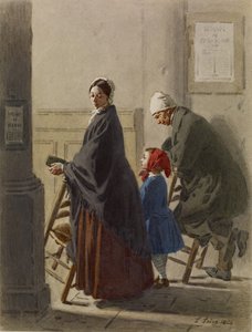 Mand, kvinde og pige ved bøn i kirken, 1864 (wc og grafit på papir) af Leon Henri Antoine Loire