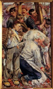 Socialrealisme: “” Arbejdertiden”” Venstre del af en triptykon af Leon Henri Frederic (1856-1940) (ec.belg) 1897 Søn. 1,63x0,94 m Paris, musee d