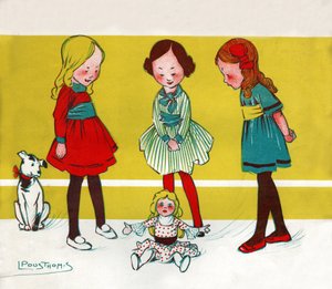 Piger leger dukker. (Illustration,; ca. 1910)