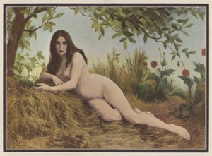 Sommer, kvinde liggende i høet (farve litho) af Leon Printemps
