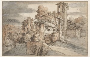 Kirke og gamle ruiner i Italien af Leonaert Bramer (attributed to)