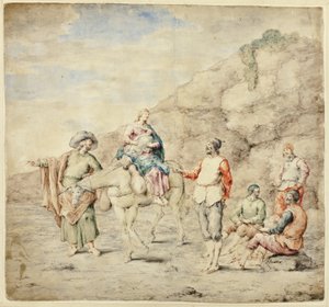 Hellig familie passerer fire mænd af Leonard Bramer